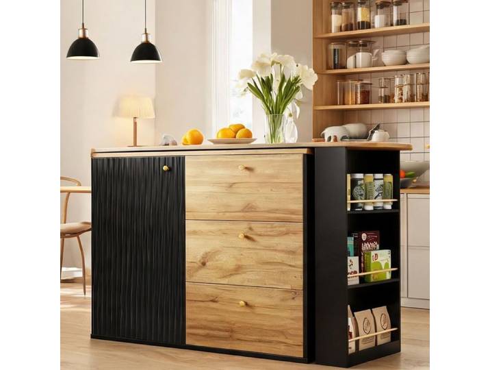 Buffet extensible pivotant en MDF noir mat 138-204 cm avec tiroirs et étagères