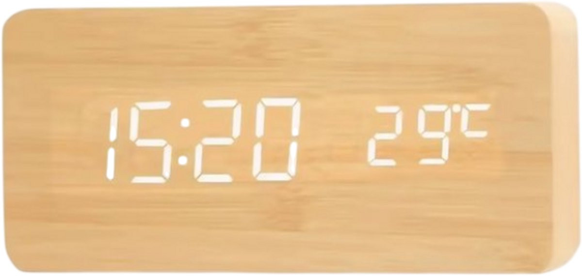 Houten LED Digitale Wekker met Temperatuurweergave en Alarm – Moderne Bureauklok voor Slaapkamer en Kantoor - Bamboe