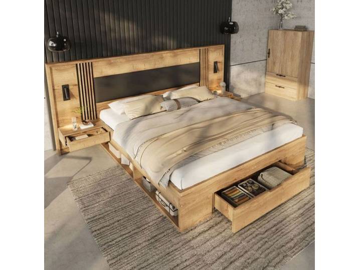 Lit Coffre Moderne 180x200 Optimisez Votre Espace avec 5 Compartiments Éclairage de Chevet Inclus Structure Stable et LIT COMBINE