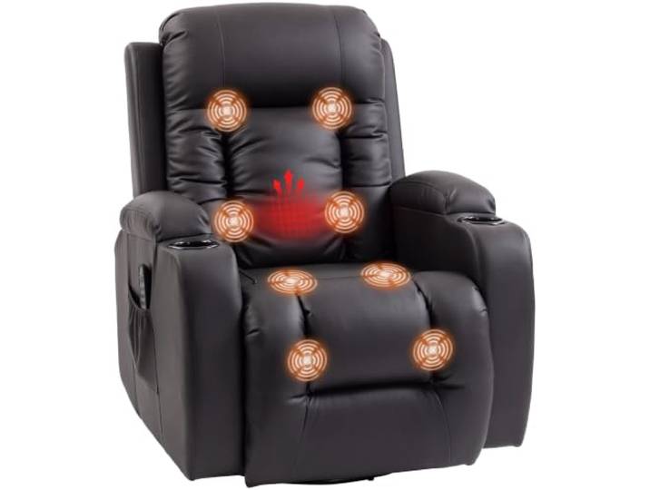 HOMCOM Relaxsessel Verstellbar mit Liegefunktion Heizung Dunkelbraun Massagesessel, Drehbar Fernsehsessel mit Wippfunktion, Becherhalter, Seitentasche, Timer, Kunstleder, für Wohnzimmer