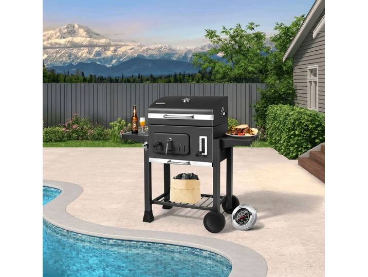 Barbecue au charbon de bois avec 2 roues, thermomètre, chariot de barbecue XXL avec couvercle, barbecue fumoir avec 2 étagères, pour le camping, le jardin