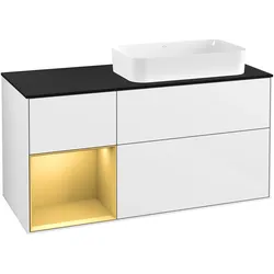 Villeroy & Boch Waschbeckenunterschrank Finion G27, Glossy White Lacquer mit Gold Matt Regal, 1200x603x501 mm, mit Beleuchtung und SoftClosing