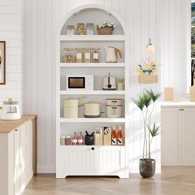 Garvee "72"" Tall Arched Pantry Cabinet, 5-Tier Kitchen Pantry Cabinet with Spacious Drawer & Black Handles for Home"