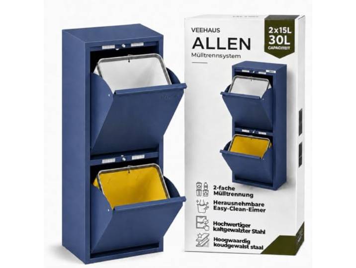 VEEHAUS Küchen Mülltrennsystem, Metall Müllschrank, Klappfach (2 x 15 L) Freistehend & vormontiert, Einzeln öffenbare Klappen, Magnetische Außenfläche, Herausnehmbare Eimer, 30 L, Denim