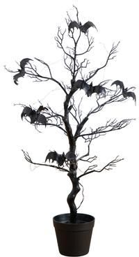 Nearly Natural 3-ft Pre-Lit Artificial Halloween Black Spooky Twig Tree with Bats