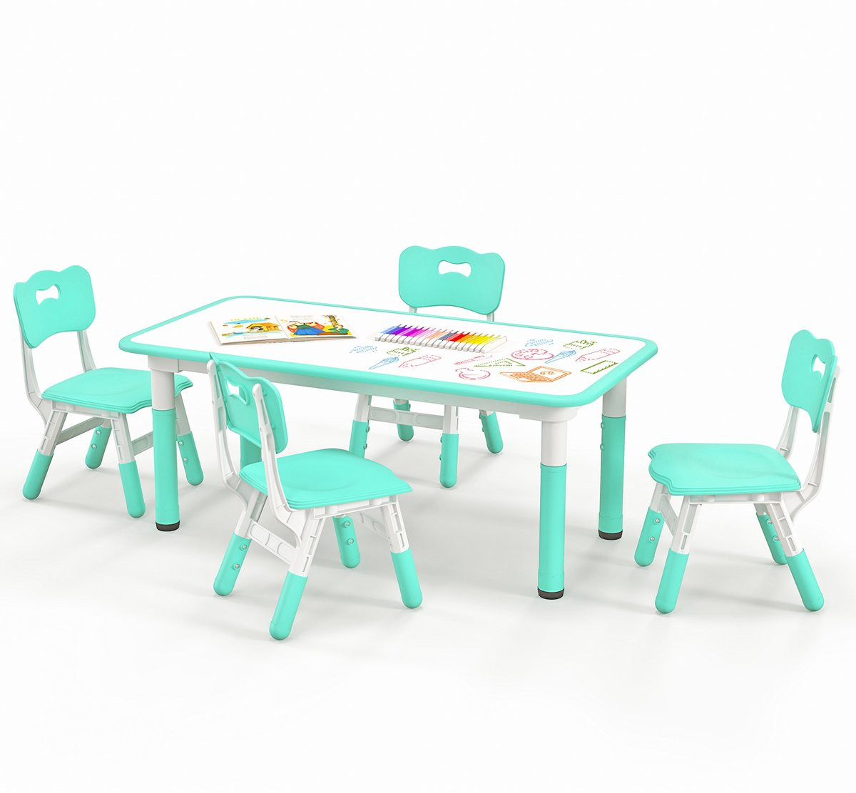 Costway Kindertafelset met 4 stoelen en graffiti-tafelblad, hoogte verstelbaar, groen