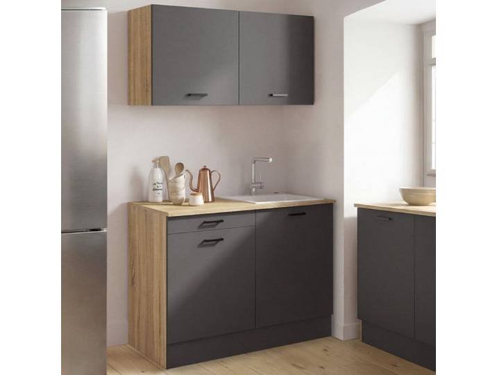 Cuisine complète kitchenette 120 cm STIL avec plan de travail 3 éléments bois et noir