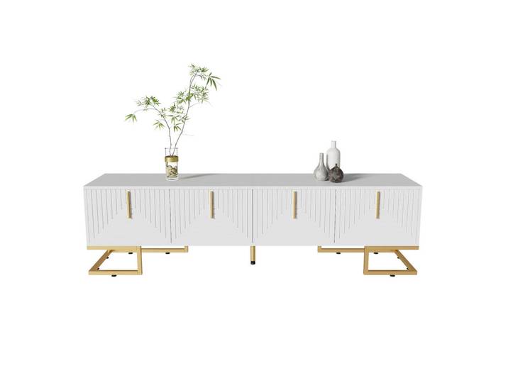 Okwish Tv-Schrank 200/35/60 cm hochglänzend Weiß MDF mit LED-Beleuchtung und Glasoberfläche, 200x60x35 cm, Wohnzimmer, TV Möbel, Lowboards, Lowboards stehend