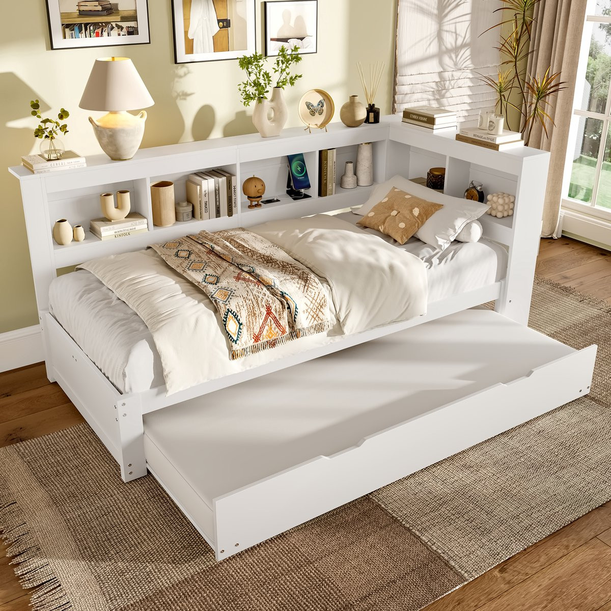 STILVORA Dagbed 90x200 cm – Eenpersoonsbed met Uittrekbed, Stopcontact en 2 USB-poorten – Wit