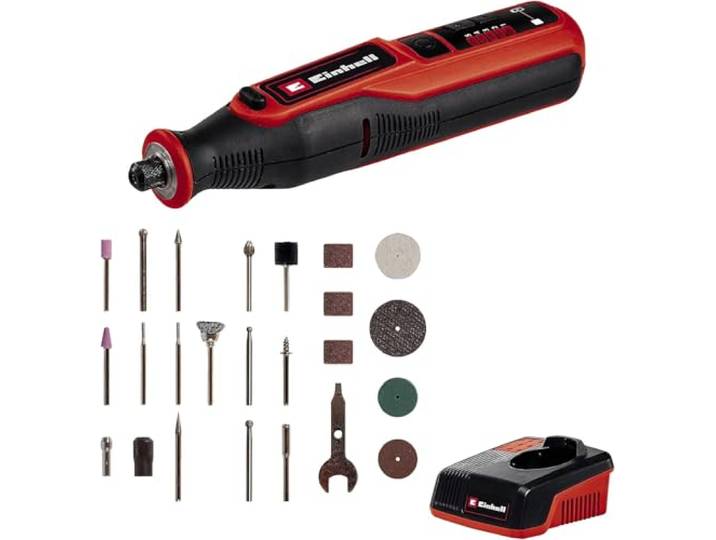 Einhell Outil de meulage et gravure sans fil TE-MT 7\,2 Li Li-Ion batterie 7\,2 V jusqu’à 26000 tr/min bouton blocage anneau LED station charge 57 accessoires boîte
