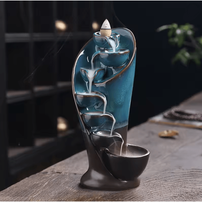 Handmade Ceramic Waterfall Incense Burner Torch Design For Relaxation And Home Decor blue
