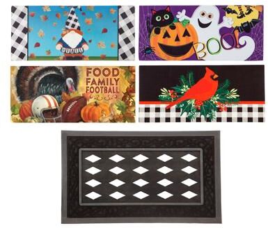 Evergreen Sassafras Fall Holiday Set of 5 Door Mats with Rubber Display Frame, Collection #5 - Multi-Color