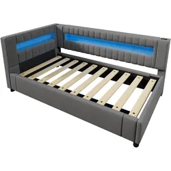 MODFU Daybett Leinen Grau 212x98,5x73 cm mit LED-Lichtleiste, hydraulischem Stauraum und USB/Type-C