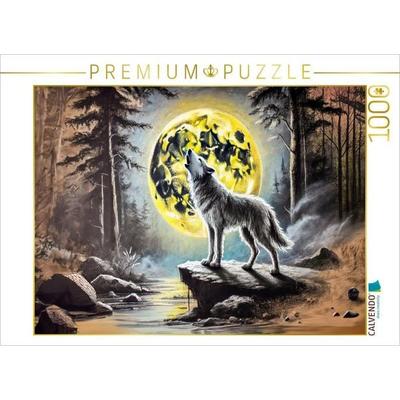 CALVENDO Puzzle Wolf heult zum Mond Kohlezeichnungen in sanften Pastelltönen | 1000 Teile Lege-Größe 64x48cm Foto-Puzzle für glückliche Stunden