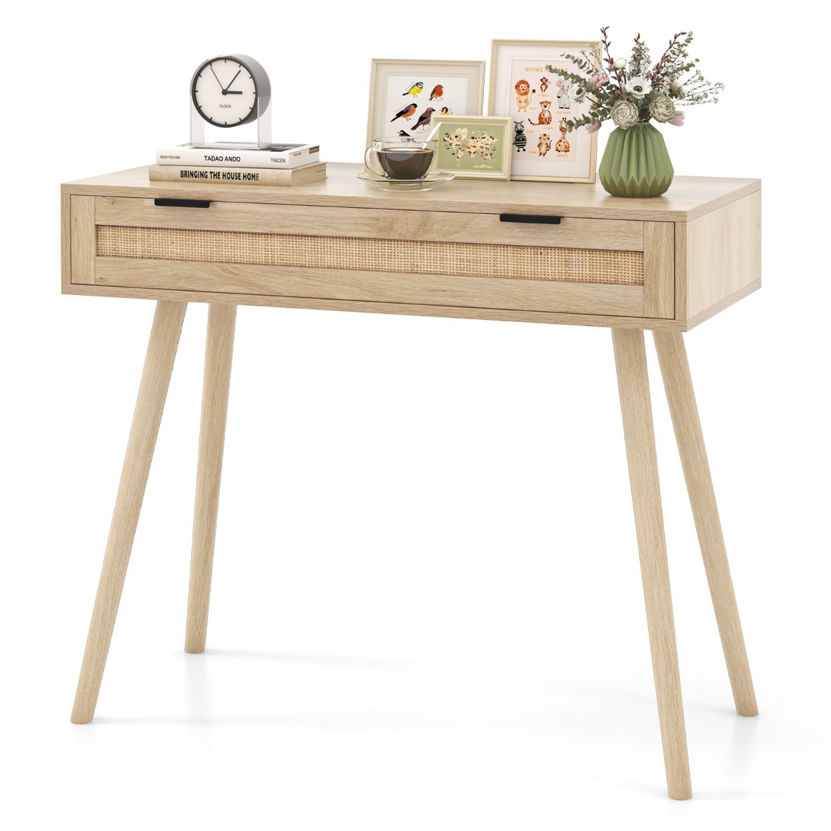 Costway Rotan Consoletafel met Schuiflade in Natuurlijke Houten Bohemian-Stijl