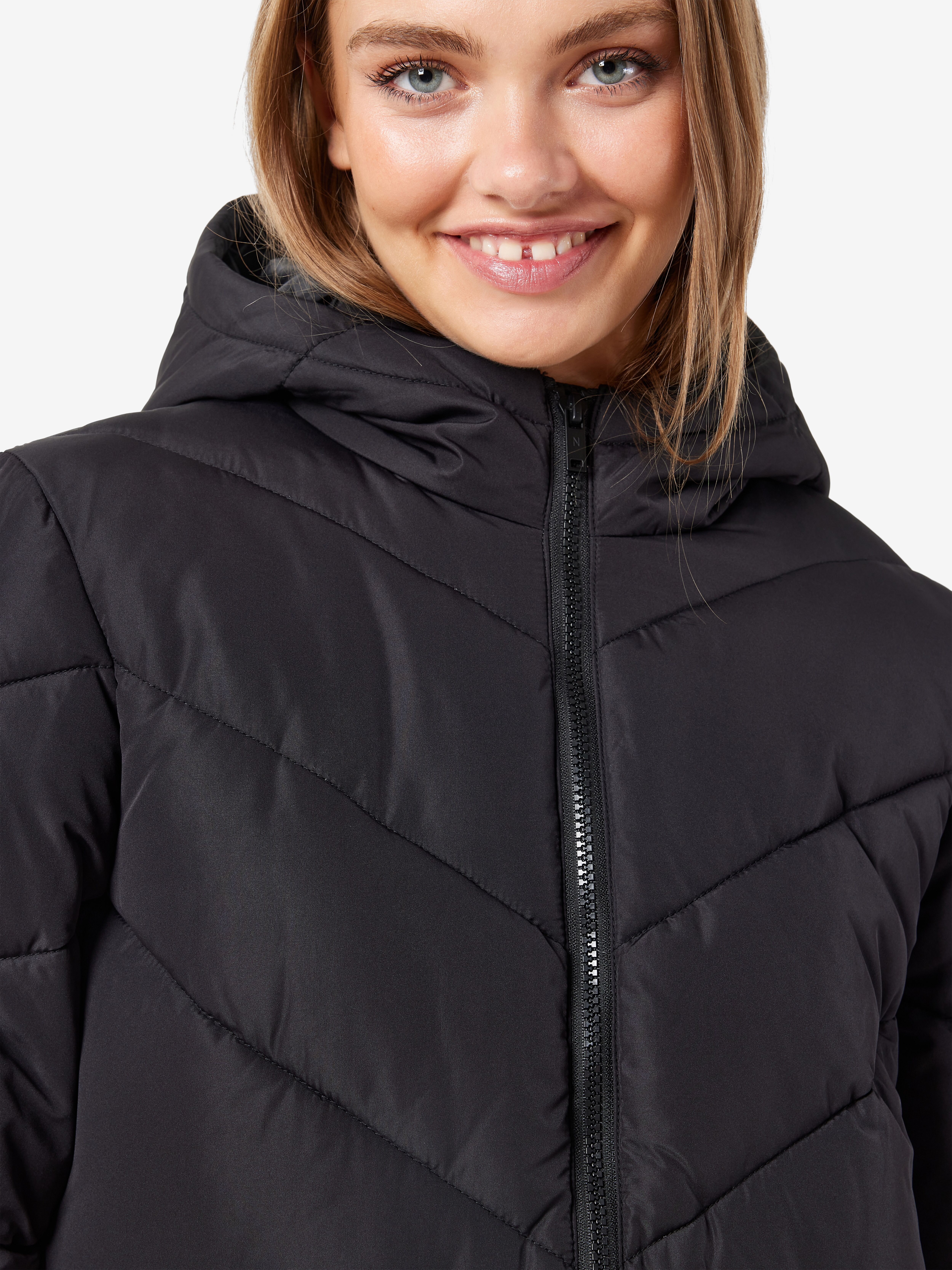 Steppmantel NOISY MAY "NMDALCON L/S LONG JACKET NOOS FWD", Damen, Gr. L, schwarz, Web, Obermaterial: 100% Polyester, unifarben, Mäntel Steppmantel schwarz L