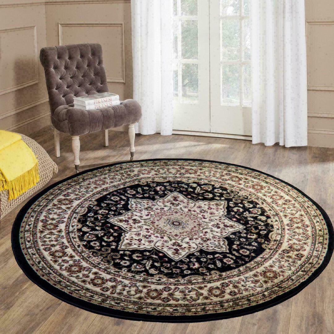 Rosalind Wheeler Frohlinger Floral Area Rug Black Round 120cm