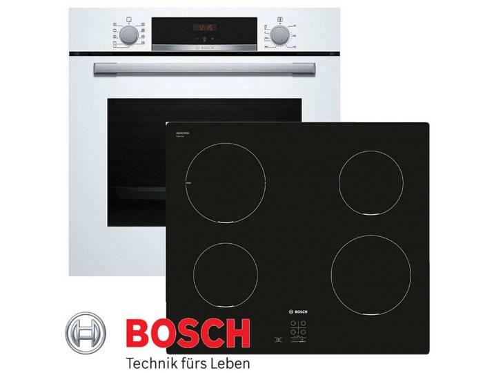 BOSCH Induktions Herd-Set Weiß Autark Backofen 3D Heißluft, + Kochfeld Induktion, mit Teleskopauszug nachrüstbar