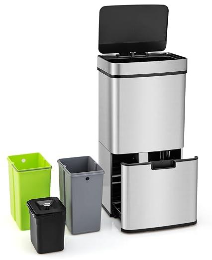 Sensor Abfalleimer, 72L automatischer Mülleimer aus Edelstahl mit Deckel & 4 Fächer, Müllbehälter Mülltrennsystem für Küche Büro Wohnzimmer, 42 x 32 x 83 cm