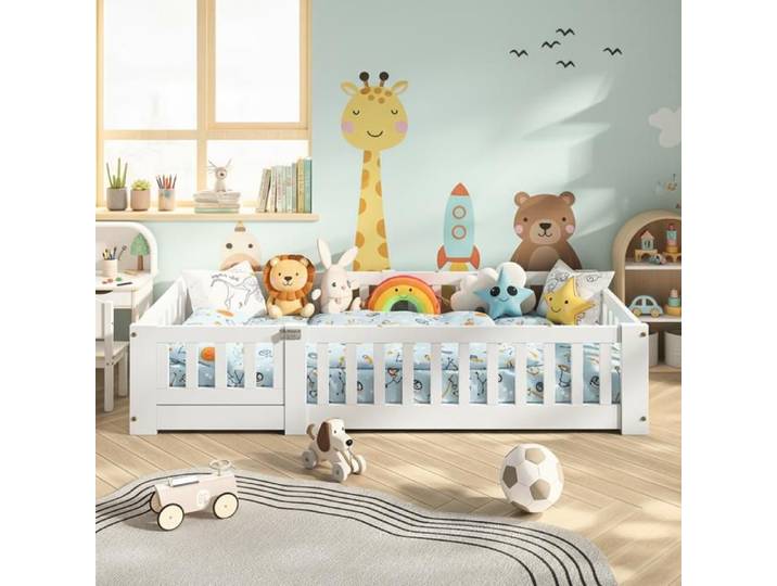 120x200 cm Lit inspiration Montessori enfant Lit au sol enfant avec Barriere Lit bébé clôturé Lit Junior Pin massif Blanc