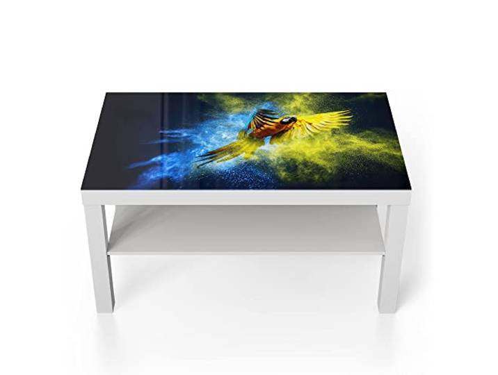 DEQORI Glastisch weiß groß 90x50 cm Motiv Papagei in Farbwolke ausgefallener Beistelltisch aus Glas Hochglanz Couchtisch fürs Wohnzimmer moderner Couch Tisch mit Design