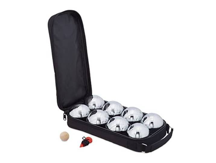 Relaxdays Boule Kugeln, 8 Metall Kugeln, Set mit Zielkugel & Abstandsmesser, Tragetasche, Boccia Spiel, Silber/schwarz