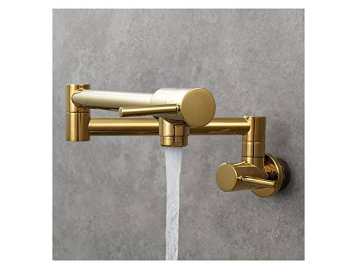 Drehbare Küchenarmatur, Messing-Chrom-Küchenarmatur Doppelgriff-Küchenarmatur Wandmontierter klappbarer Doppelgriff-einzelner Kaltwasserhahn(Gold)