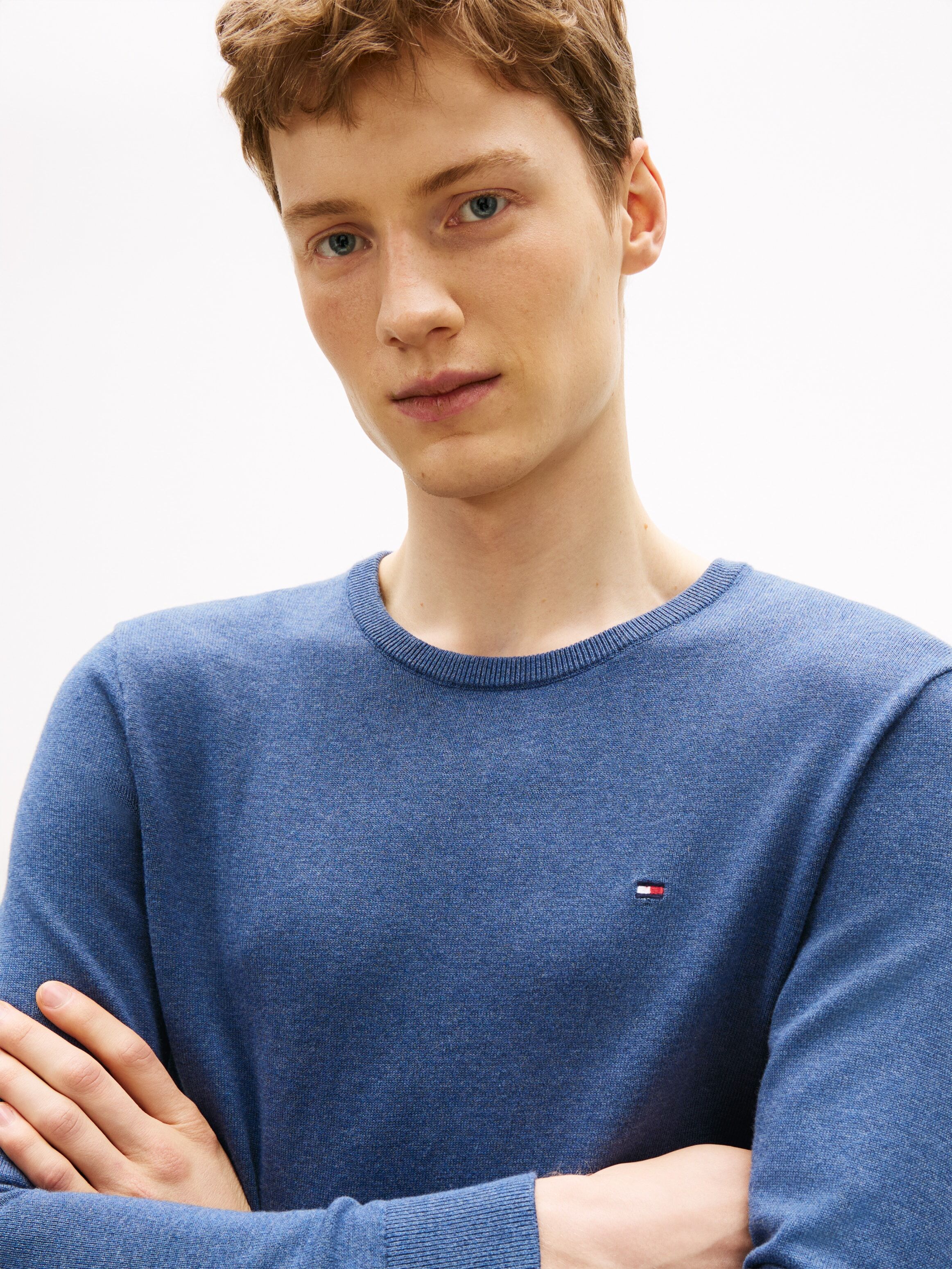 Rundhalspullover TOMMY HILFIGER "ESSENTIAL COTTON", Herren, Gr. XL, blau (aegean sea heather), Strick, Obermaterial: 100% Baumwolle, regular fit, Rundhals, Rippbündchen, Pullover Rundhalspullover, Crewneck Regular Fit Premium Mode aegean sea heather XL