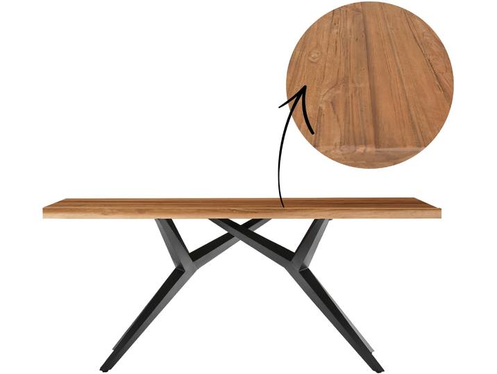 Esstisch SIT Juneau aus recyceltem Teak mit 50-mm-Platte & Rustik-Look , braun (natur, antikschwarz, antikschwarz, natur), B:180cm H:73cm T:100cm, Platte recyceltes Teak, Gestell Metall, Tische, Esstisch, 50 mm starke Teakplatte mit markanter rustikaler Oberfläche