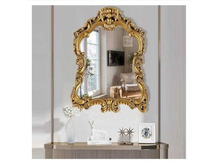 Goldfarbener Vintage-Wandspiegel, Barockstil, Antiker Hängespiegel für Schminktisch, Handgeschnitzt, HD-Linse, Europäischer Dekorativer Spiegel mit Goldrahmen, 56x76cm, Antikgold
