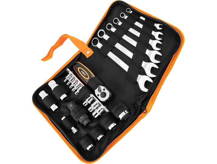 NEO TOOLS Kit d'outils pour moto - 25 pièces. - Softcase ; pour motos de différentes marques et modèles ; pour les professionnels et les bricoleurs