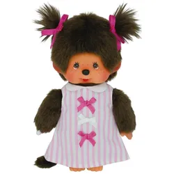 Monchhichi Sekiguchi 223589 Original Mädchen, aus braunem Plüsch, mit pink-weiss gestreiftem Kleid und Zöpfen m (20 cm)