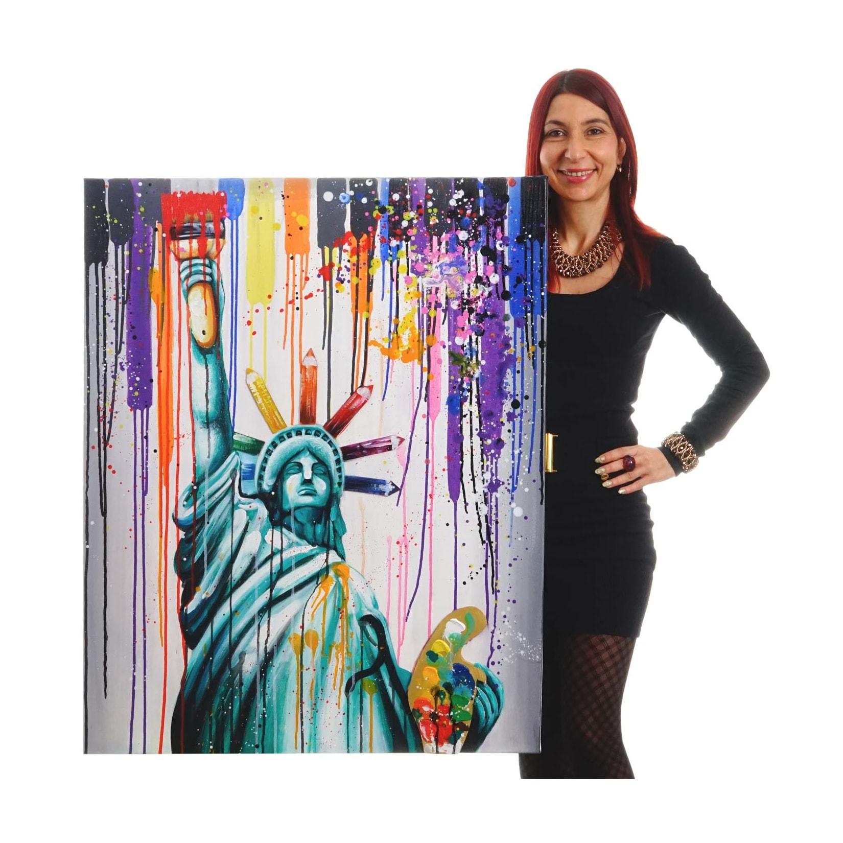 Wandbild Freiheitsstatue, 100% handgemaltes Ölgemälde 3D-Bild Gemälde XL, 100x80cm