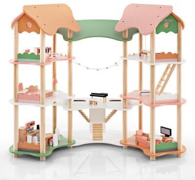 Costway 3-Tier Wooden Dollhouse for Kids Aged 3-8 Years Old with 32 Pieces of Accessories-Multicolor