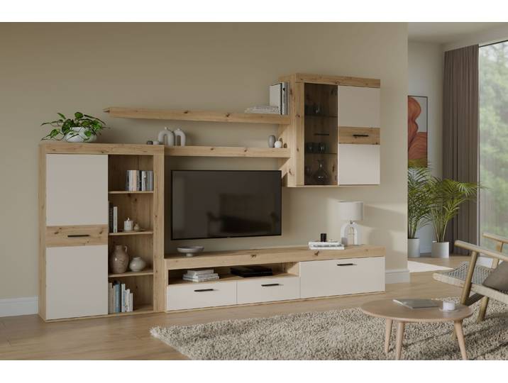 Ensemble meuble TV paroi - ZUMBA - Sable / Chêne - 300 x 41 x 200 9 cm - Eclairage LED inclus