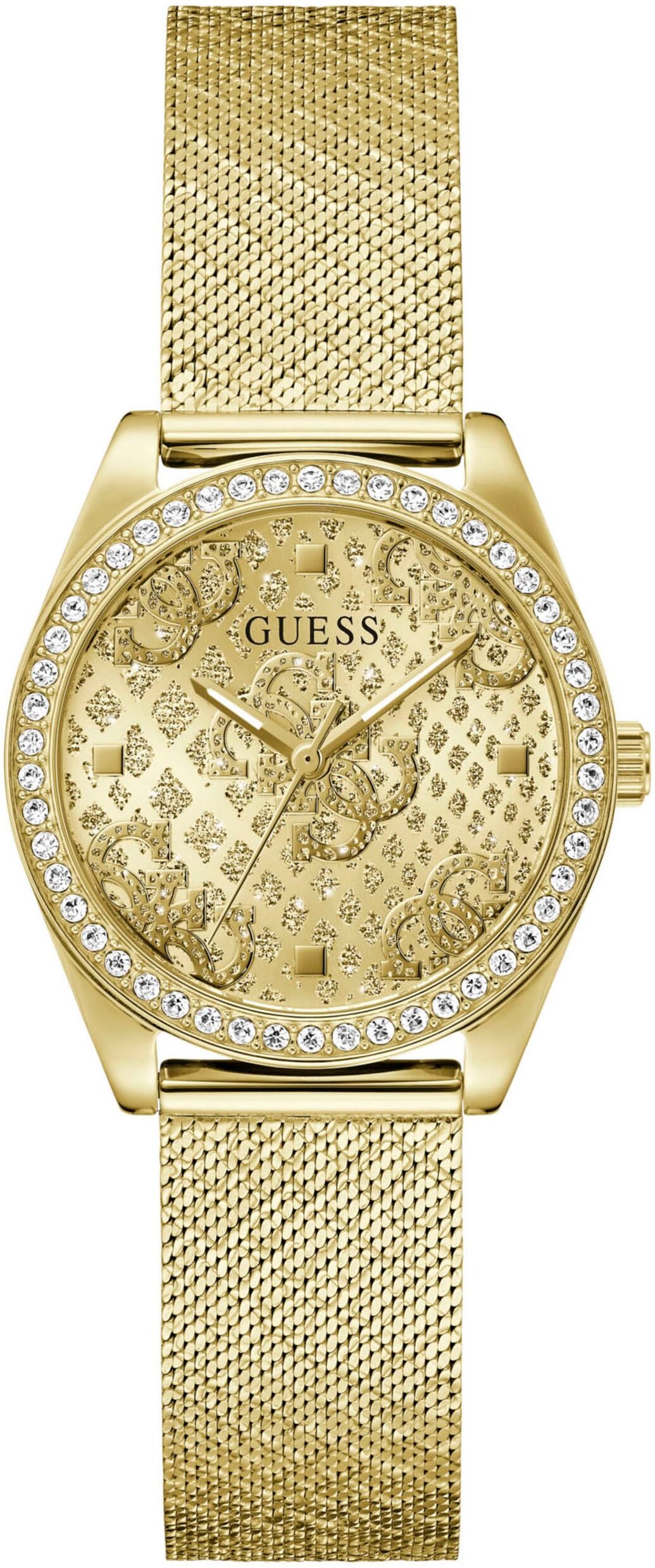 Quarzuhr GUESS "BOA", gold (gelbgoldfarben, champagnerfarben), Armbanduhren, Damen, gelbgoldfarben, Quarzuhr, Armbanduhr, Damenuhr, Kristallsteine, Mineralglas, Edelstahlarmband