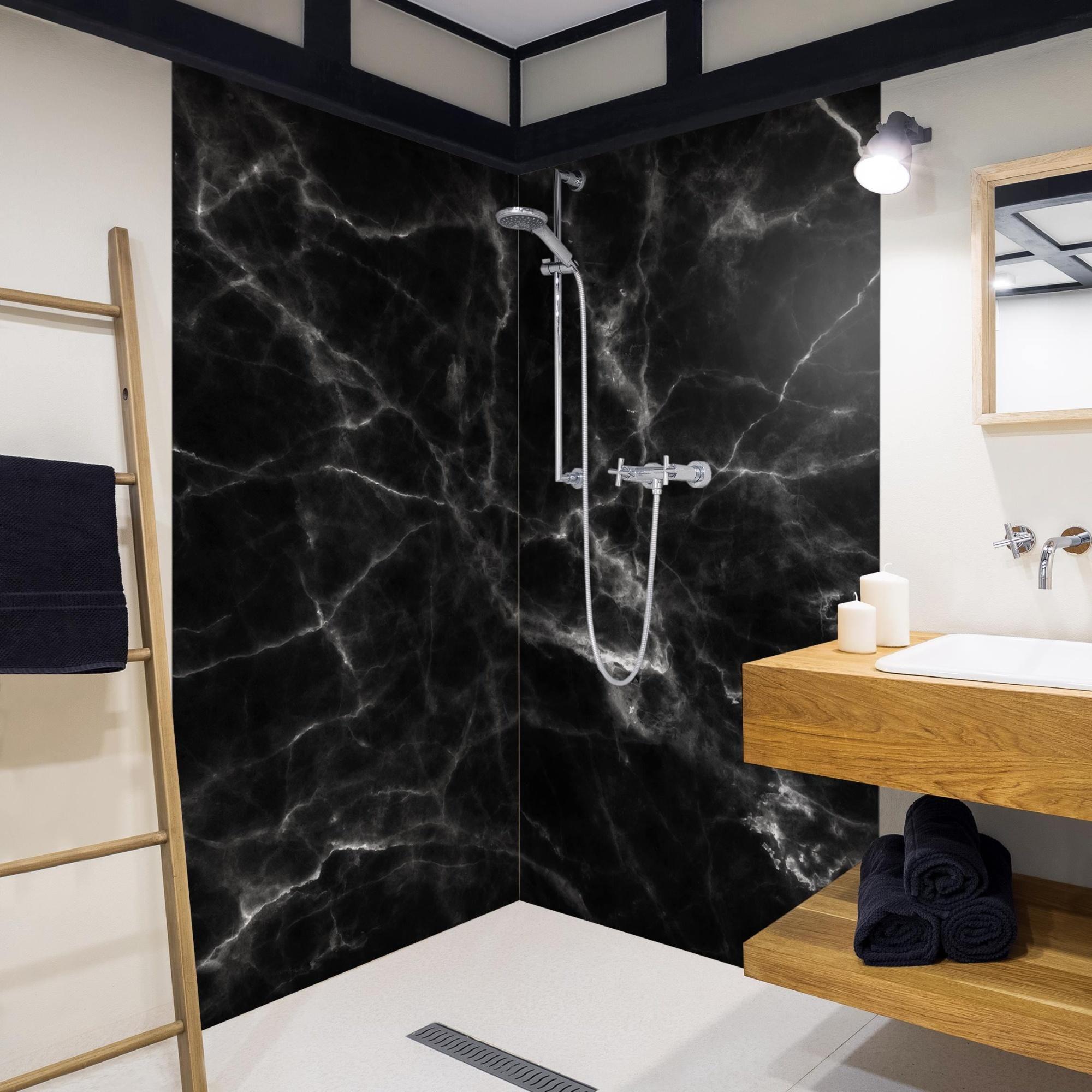 Duschrückwand mit Motiv selbstklebend - 0.35 mm Wandpaneel wasserfest Design schwarz Marmoroptik Motiv Badrückwand fugenlos Smart matt 110x210 cm