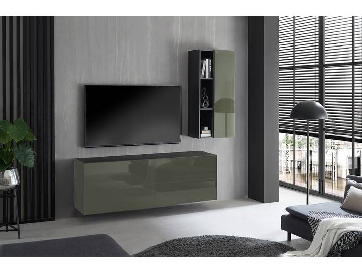 TV-Lowboard Wende-Deckplatte Typ B Deckplatte: Spanplatte, foliert Front & Korpus: Glas, lackiert Grün/Olivgrün 181 x 63 x 42cm