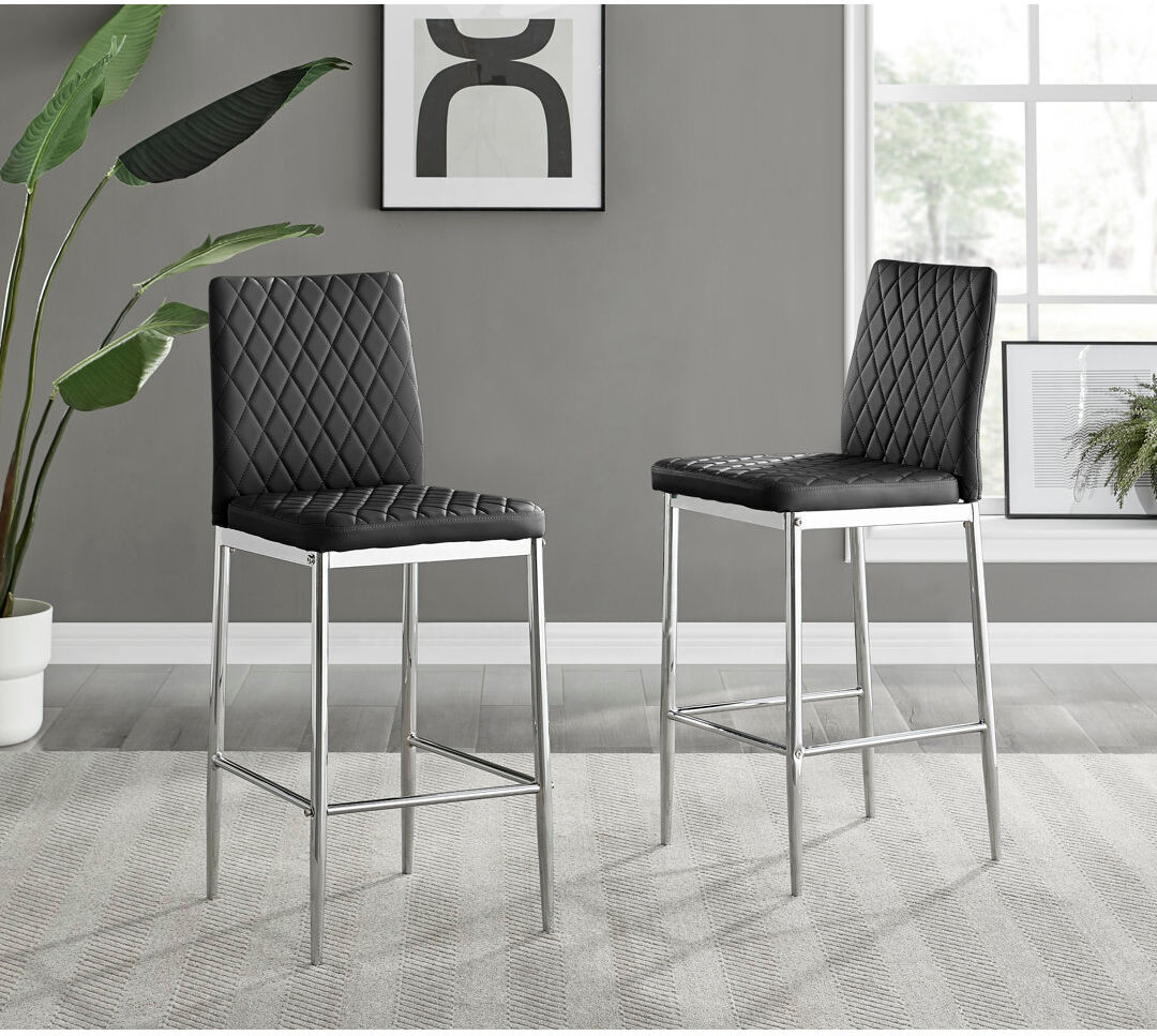 Mercury Milton Luxury Breakfast Bar Stool in Quilted Design Faux Leather - Modern Chic Kitchen Black/Silver 97cm H X 40cm W X 50cm D