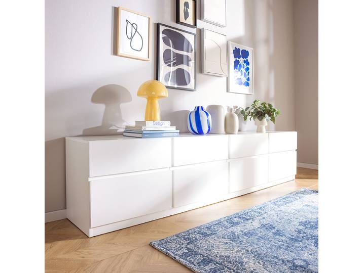 Meuble TV Panneau de particules revêtu Blanc/Blanc 225cm