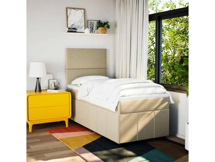 KTHLBRH Boxspringbett mit Matratze Creme 90 x 200 cm aus Stoff Verstellbares Kopfteil, Lattenrost inklusive, waschbarer Matratzenbezug, unabhängige Unterstützung
