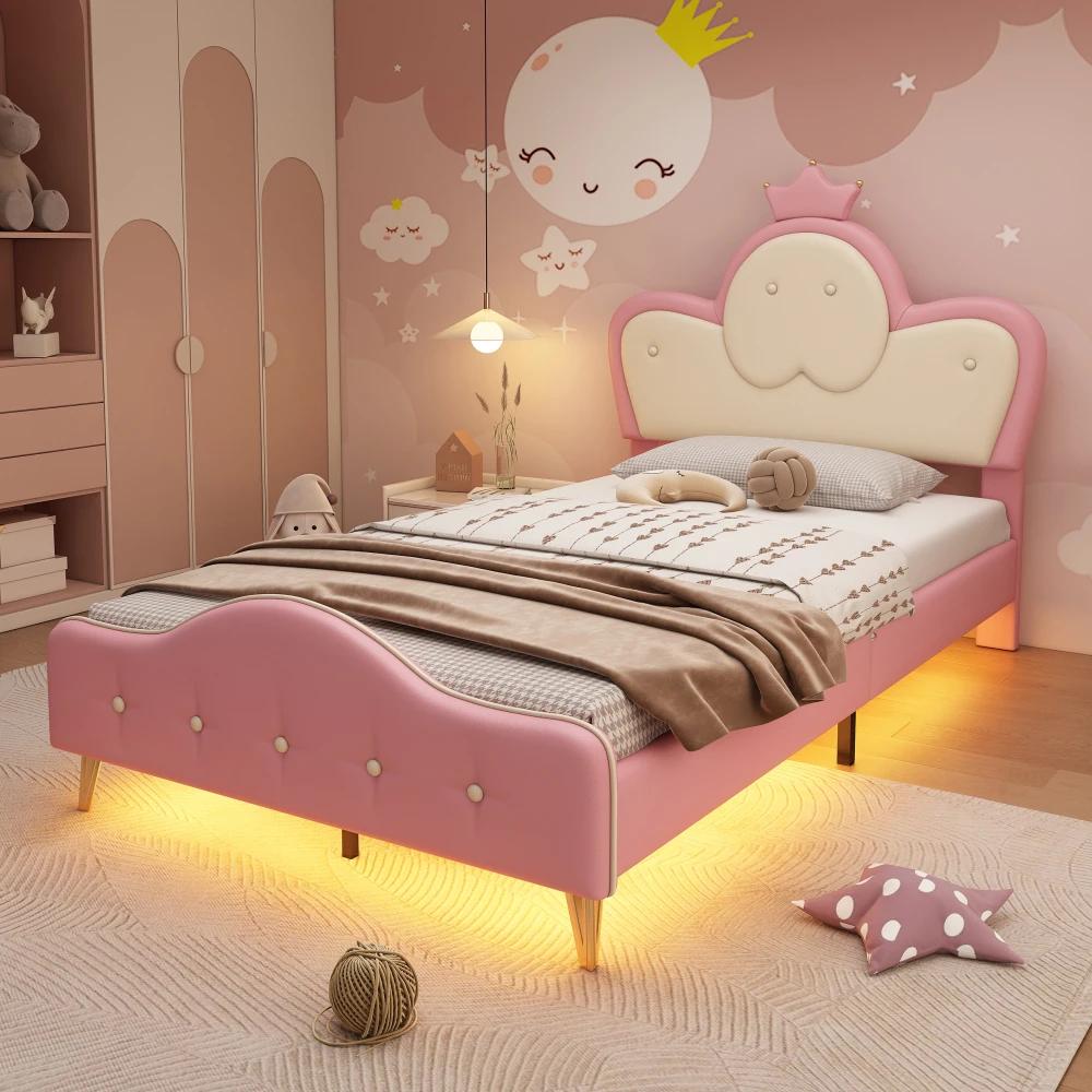Kinderbett - Gepolstertes Einzelbett 90 x 200 cm - Weiche Schutzkante - LED-Lichtleiste - Kronen-Kopfteil - Stauraum - Rosa