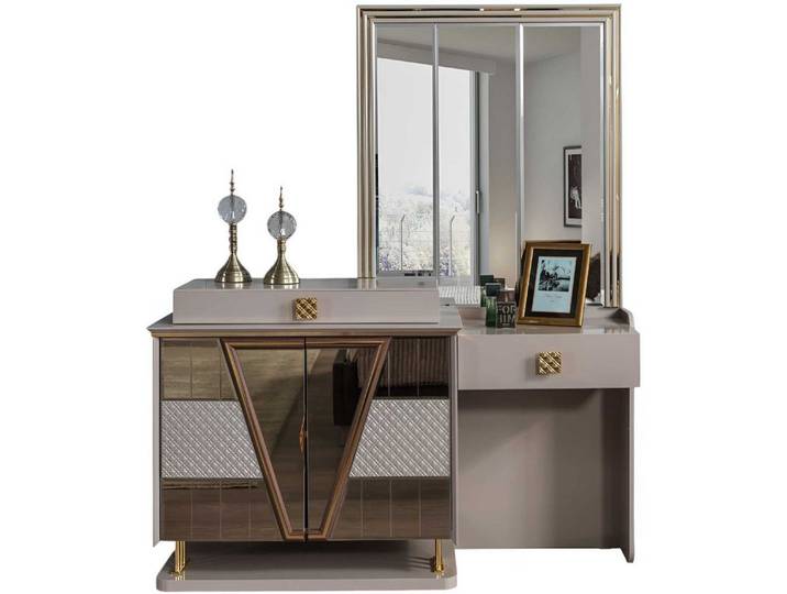 JVmoebel Schminktisch Schminktisch Modern Beige Goldeinsätze Designer-Schminktisch Spiegel