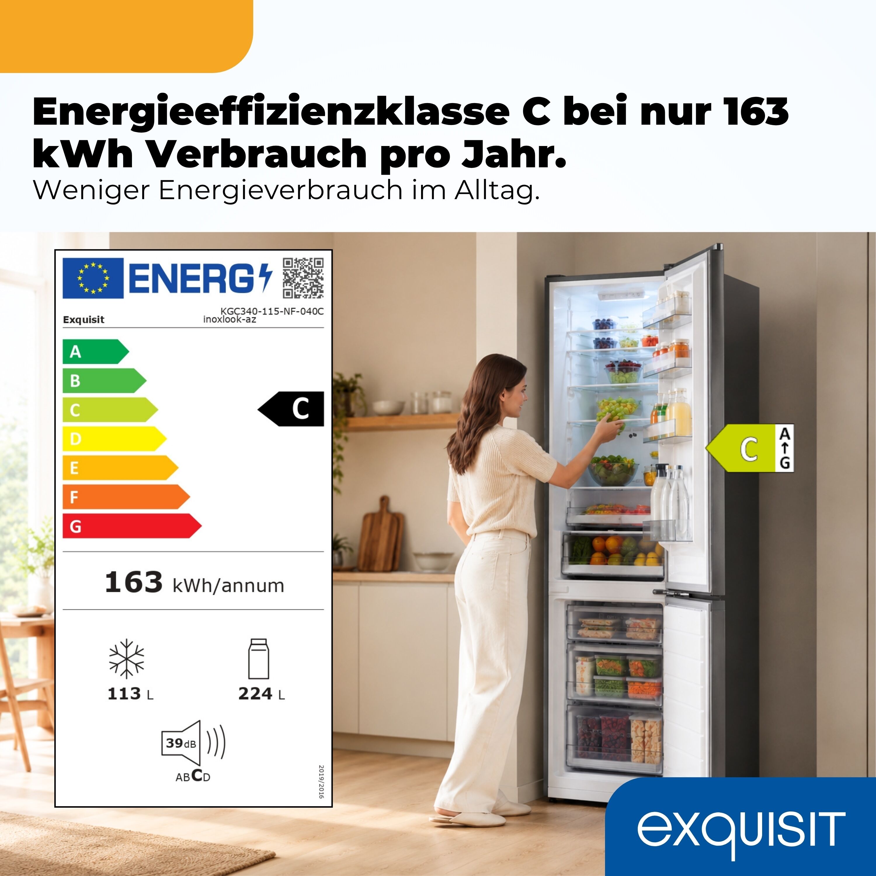 EXQUISIT Kühl-/Gefrierkombination "KGC340-115-NF-040C", Energieeffizienz: C, grau (inoxlook, az), Rechtsanschlag, Kühlschränke, NoFrost Technologie für dauerhaft eisfrei ohne Abtauen, Kühl-/Gefrierkombination