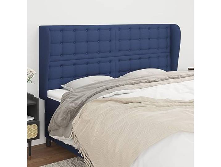 KTHLBRH Kopfteil mit Ohr, Blau, aus klassischem Stoff, elegantes Design, komplett aus strapazierfähigem Material, atmungsaktiv, höhenverstellbar, Beine aus Lärchenholz