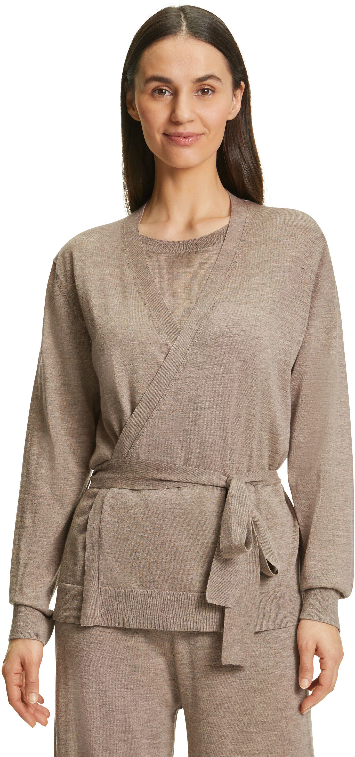 Cardigan FALKE "FALKE Cardigan", Damen, Gr. S, taupe meliert (4045), Strickjacken Cardigan