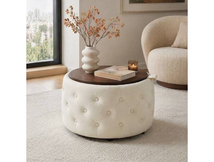 Tabouret ottoman rond – Lot de 2 – Velours beige – Rangement – Plateau bois – Livré monté