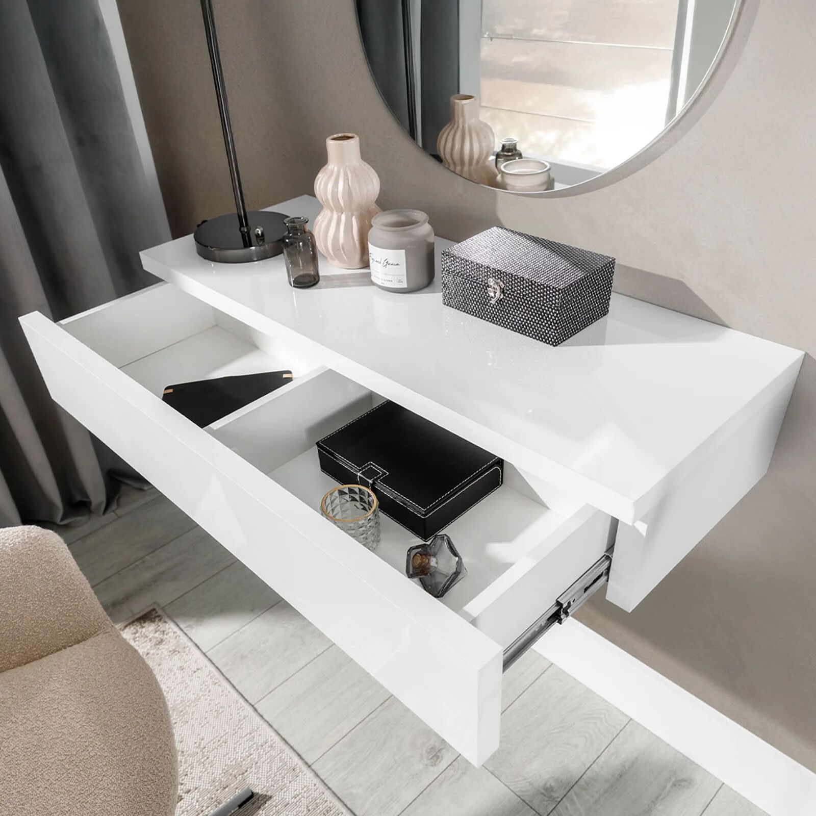 garneroarredamenti Mobile ingresso sospeso 100x20h cm con cassetto bianco Magnolia