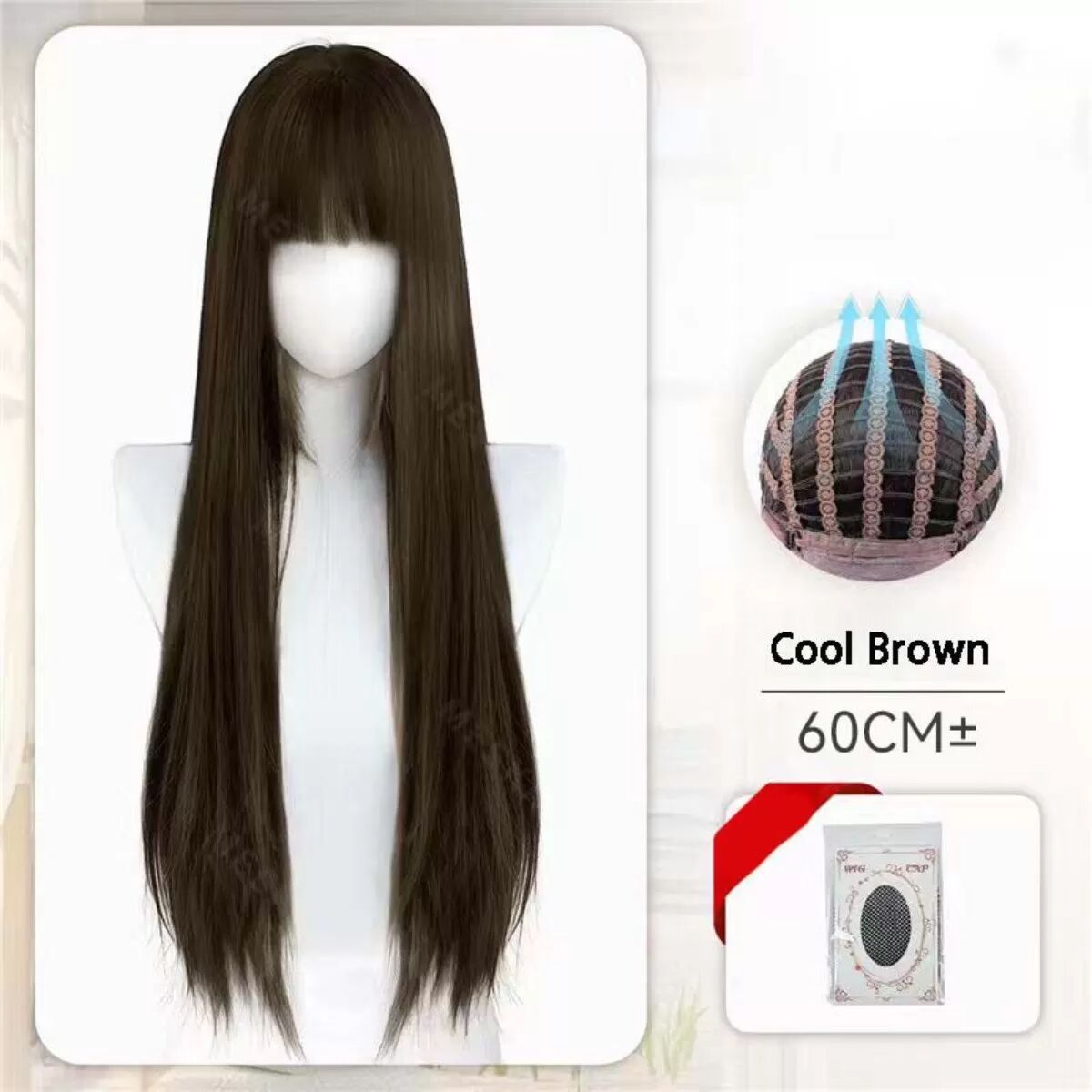 INF Full Long Straight Wig 60cm mit Perückenkappe - Hochtemperatur-Faser, Natürlich Voluminöser Lolita-Stil Braun