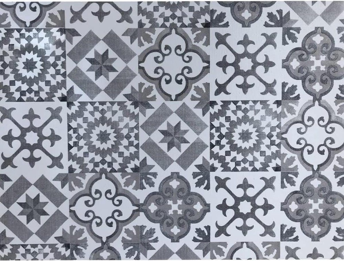 Vloerkleed Loper met Tegelpatroon Design voor Keuken of Entree, Grijs Wit, 65 x 100 cm